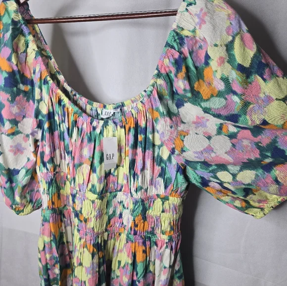 NWT Gap Shift Dress Colorful Watercolor Floral Short Puff Sleeve Knee Length 2XL - Picture 4 of 10